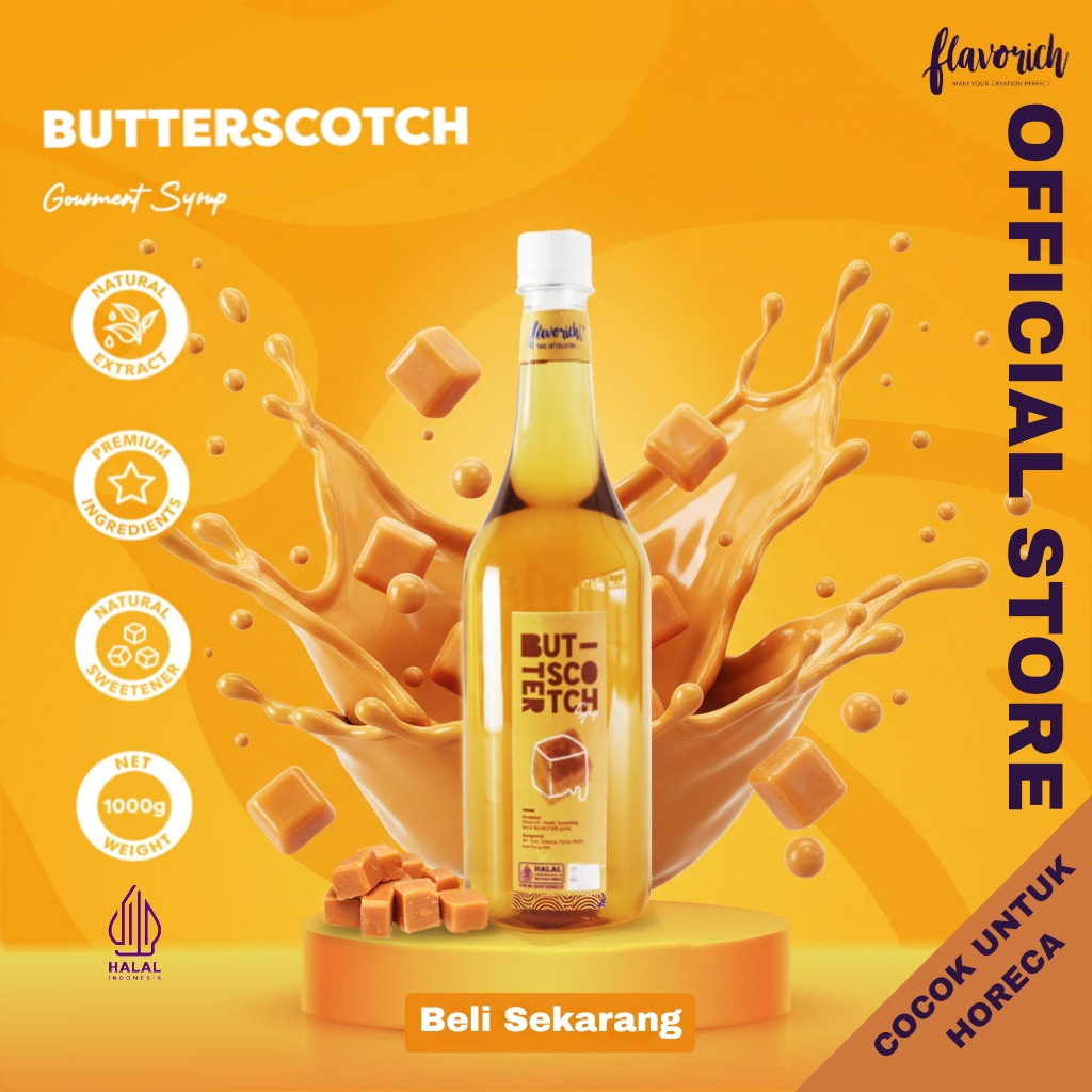 Butterscotch Syrup 1L FLAVORICH – Sirup Rasa Butterscotch Premium untuk Minuman Cafe, Dessert & HORE