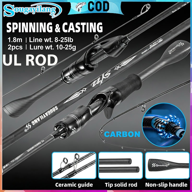 [COD]Sougayilang 1.8 M Joran Pancing Berputar/Casting 36T Joran UL Ujung Padat Karbon Tinggi 8-25LB 