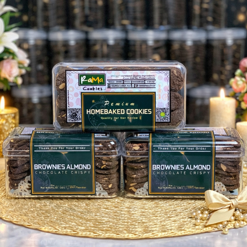 BROWNIES ALMOND Cookies Premium Butter Cokelat Almond Crispy Kue Kering Spesial Lebaran Kemasan Hardtop 350gr dan Jar 750 ml by RaMaChef