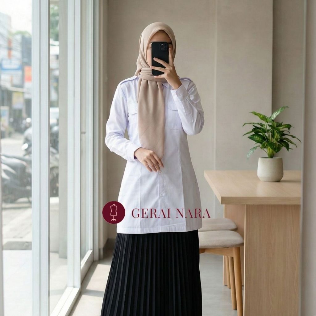 Baju Tunik PNS Wanita Putih Saku Seragam PDH Kantor Cewek