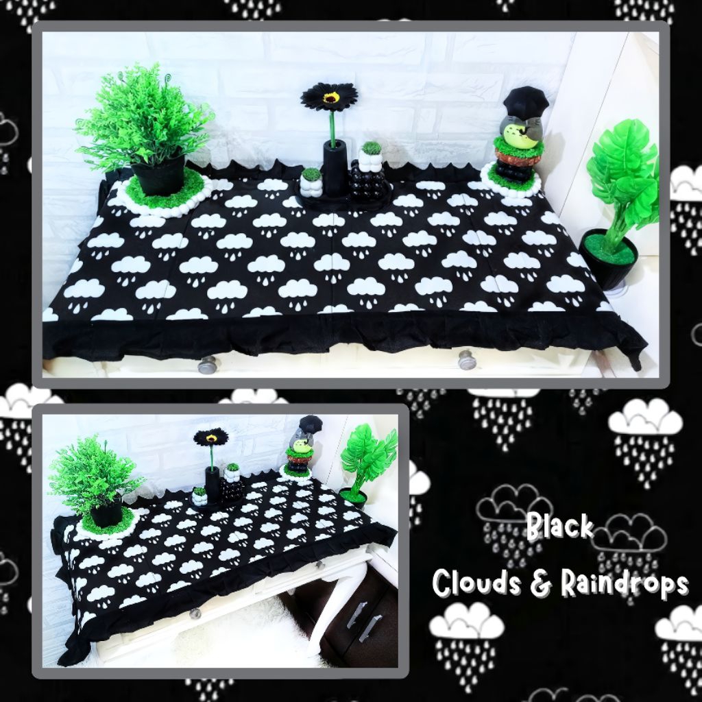 READY Taplak Meja Awan Hujan Cloud Raindrop Hitam Putih Monokrom / Taplak Aesthetic Minimalis Modern