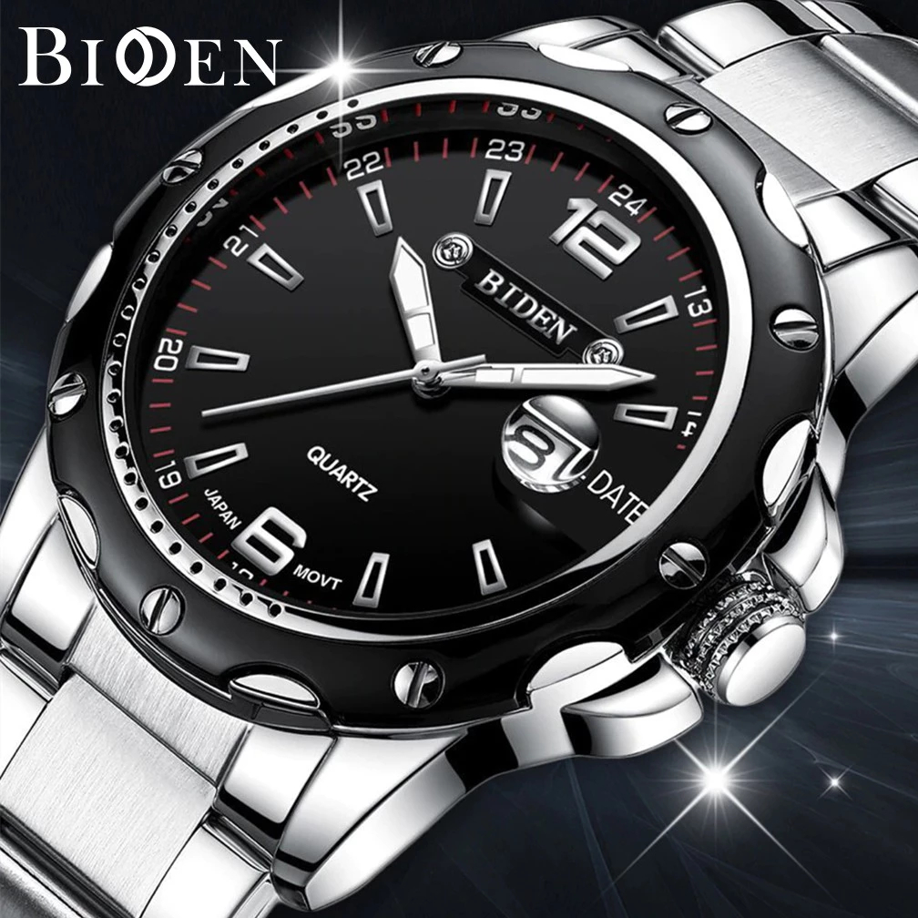 BIDEN 0012 Modern Casual  – Jam Tangan Pria Quartz Tanggal Otomatis Stainless Steel, Original