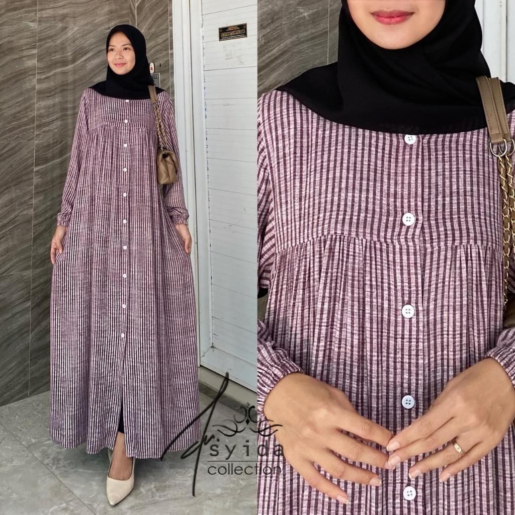 Dress Rayon Motif Salur Austi / Gamis Wanita Full Kancing / Gamis Rayon Motif Salur