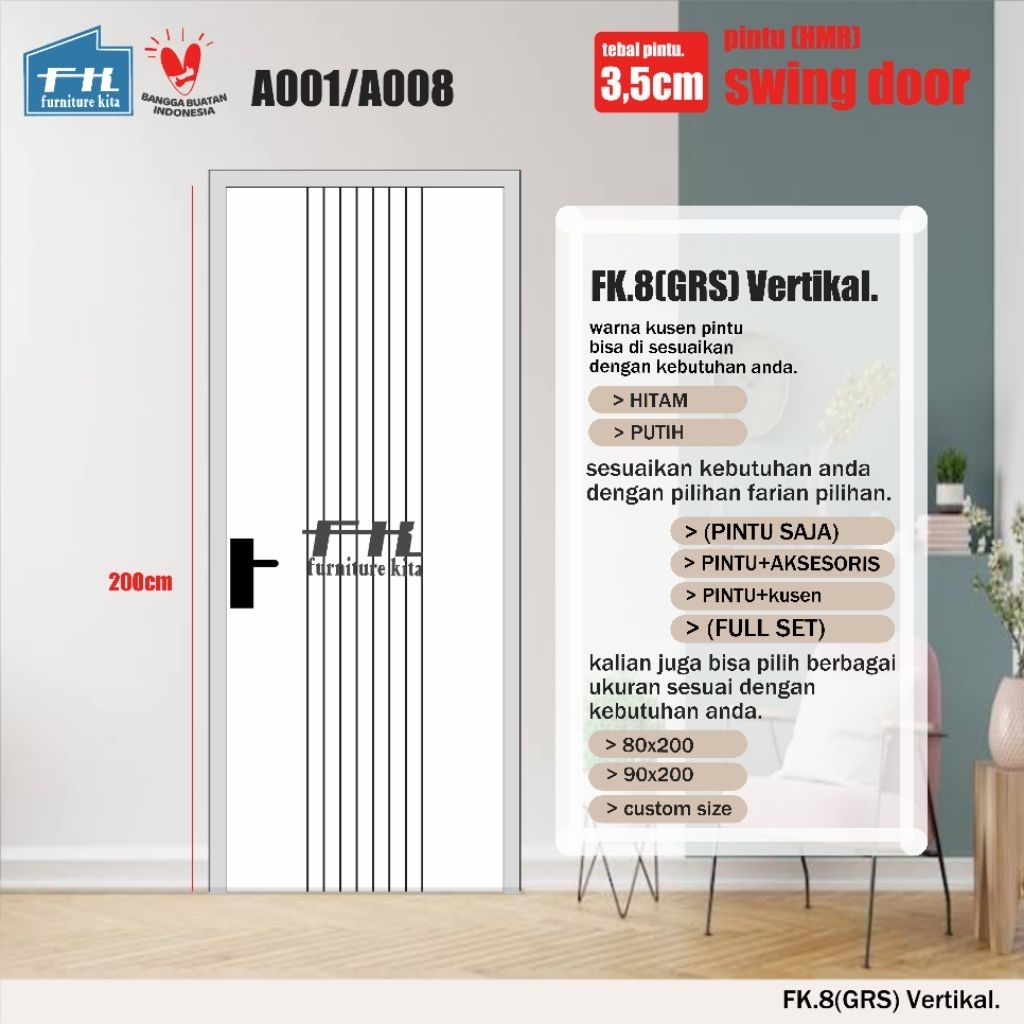 FK.8(GRS)Vertikal (A001/A008). Pintu Minimalis swing door.
