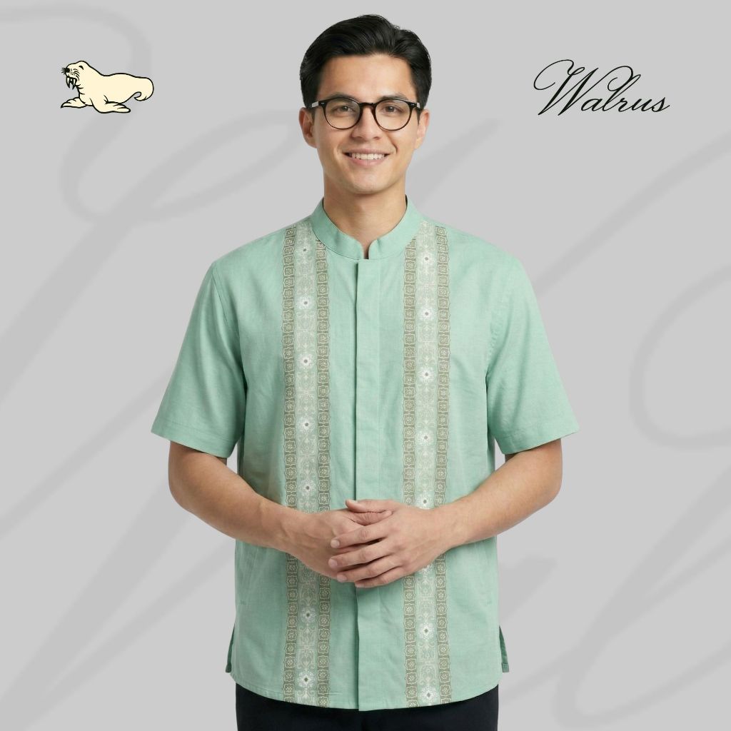 WALRUS Rafif Geometric Baju Koko Pria Lengan Pendek Kemeja Muslim Kerah Mandarin Green Mint