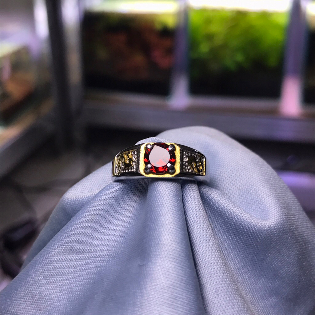 CINCIN NATURAL BATU PERMATA MALAYA GARNET RING TITANIUM