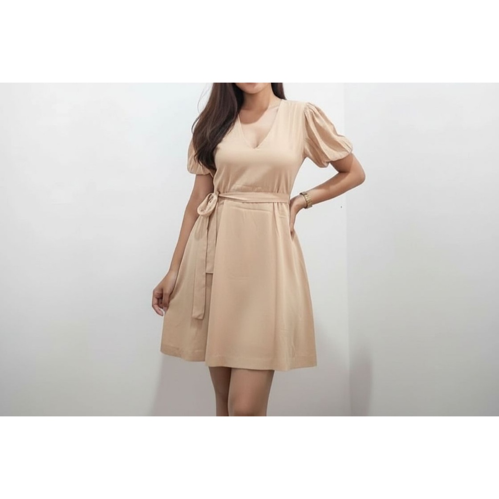 AMORA Dress Polkadot Rayon Wanita - Midi Dress V-Neck Warna Hijau Olive, Hitam, Merah, Krem, Biru Pa