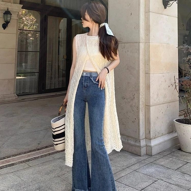 Desain Gaun Rompi Rajutan Blus Berlapis Khusus Dengan Rok Panjang Belahan Belakang Rok Yang Chic