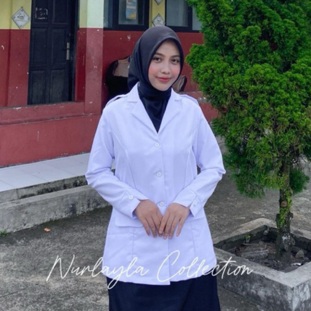 Atasan PDH Putih Wanita / Seragam Kerja Blazer Wanita / Atasan Saku Bawah Putih Baju Guru Wanita Mod
