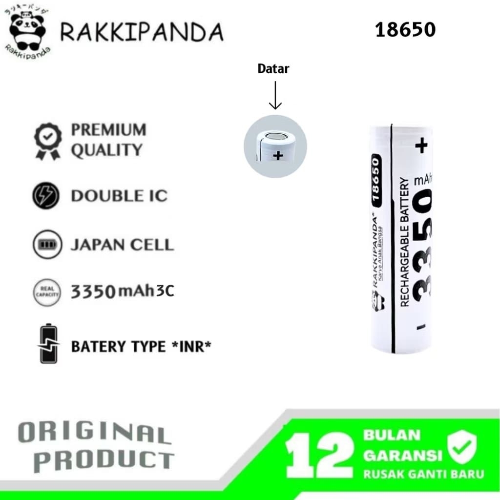 RAKKIPANDA Baterai Cas 18650 Flat Top (Datar) 3350 mAh