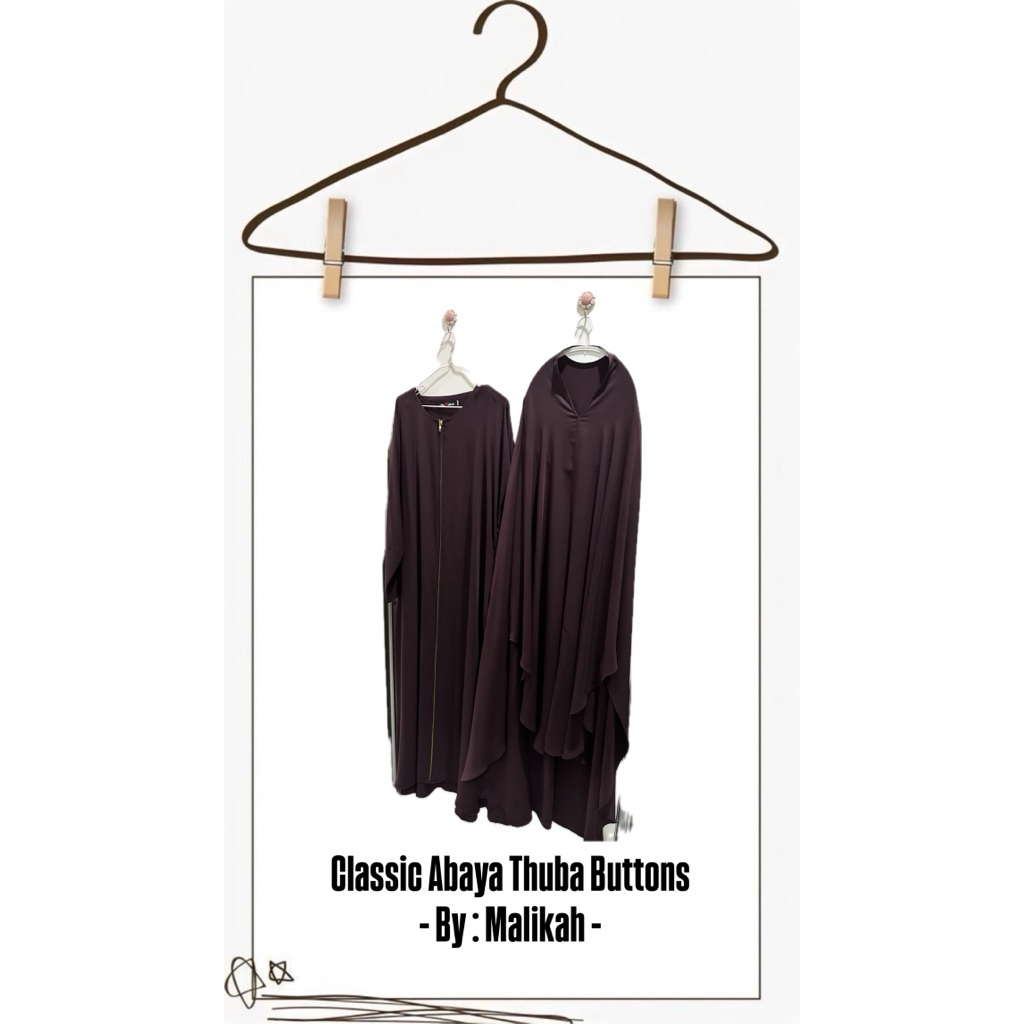 Preloved Malikah - Set Abaya Thuba Classic Buttons (warna : dark maroon)