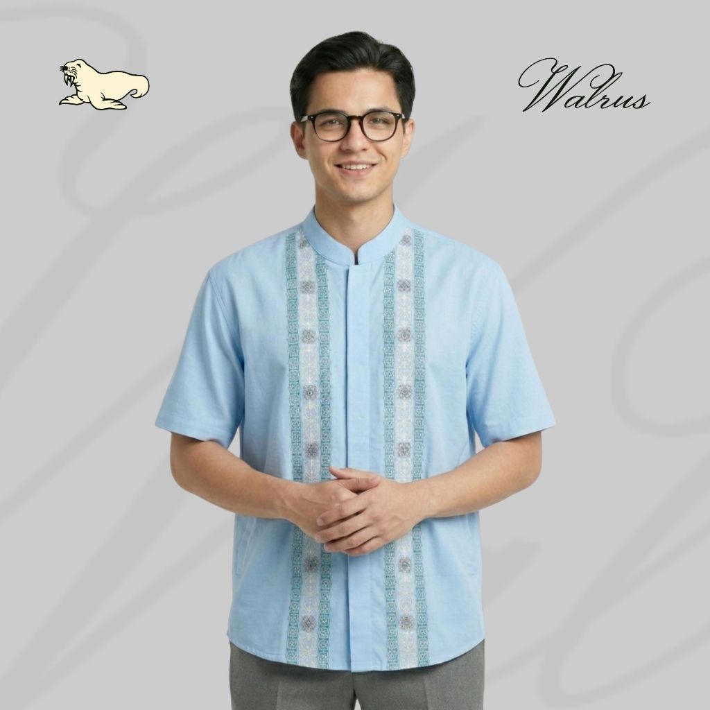 WALRUS Rafif Geometric Baju Koko Pria Lengan Pendek Kemeja Muslim Kerah Mandarin Sky Blue