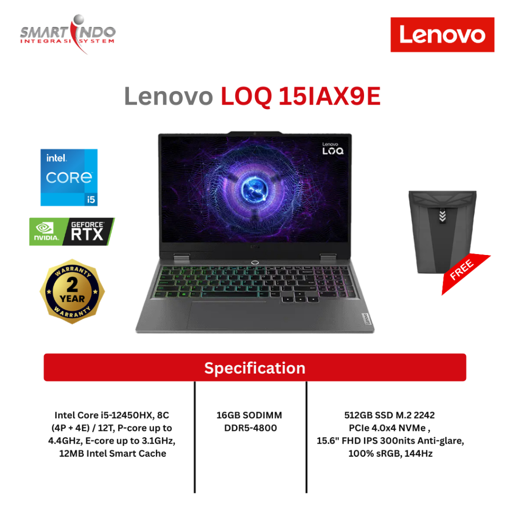 LENOVO LOQ 15IAX9E 83LK00EHID i5 12450HX , 16 GB , 512 SSD , 15,6" NVDIA RTX 3050 6 GB , Win 11 Home