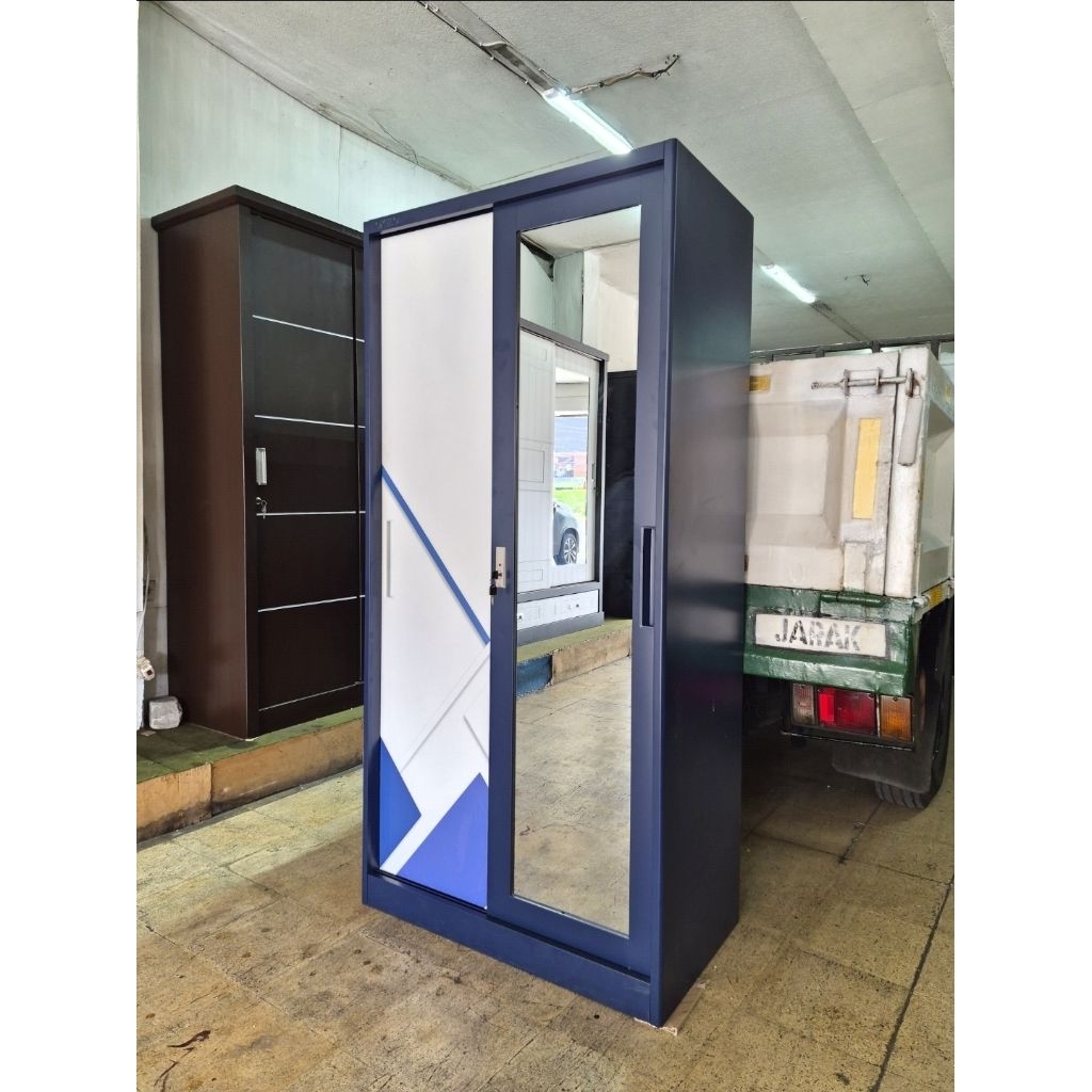 Lemari Pakaian Besi 2 Pintu Sliding Cermin - Rak Baju Pintu Geser - Wardrobe
