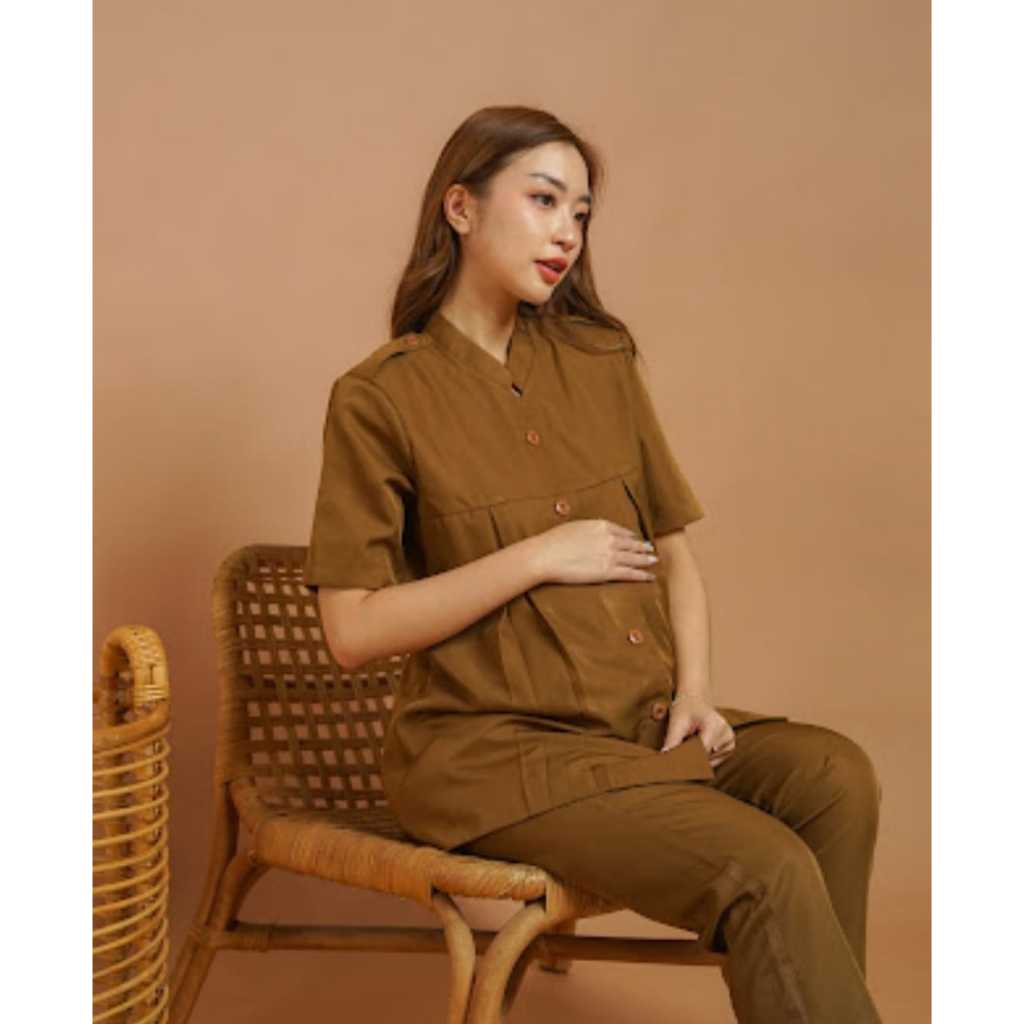 Seragam Baju Kerja Hamil Pemda Khaki Tua Tangan Pendek Wanita Katun Setelan Celana Panjang Katun