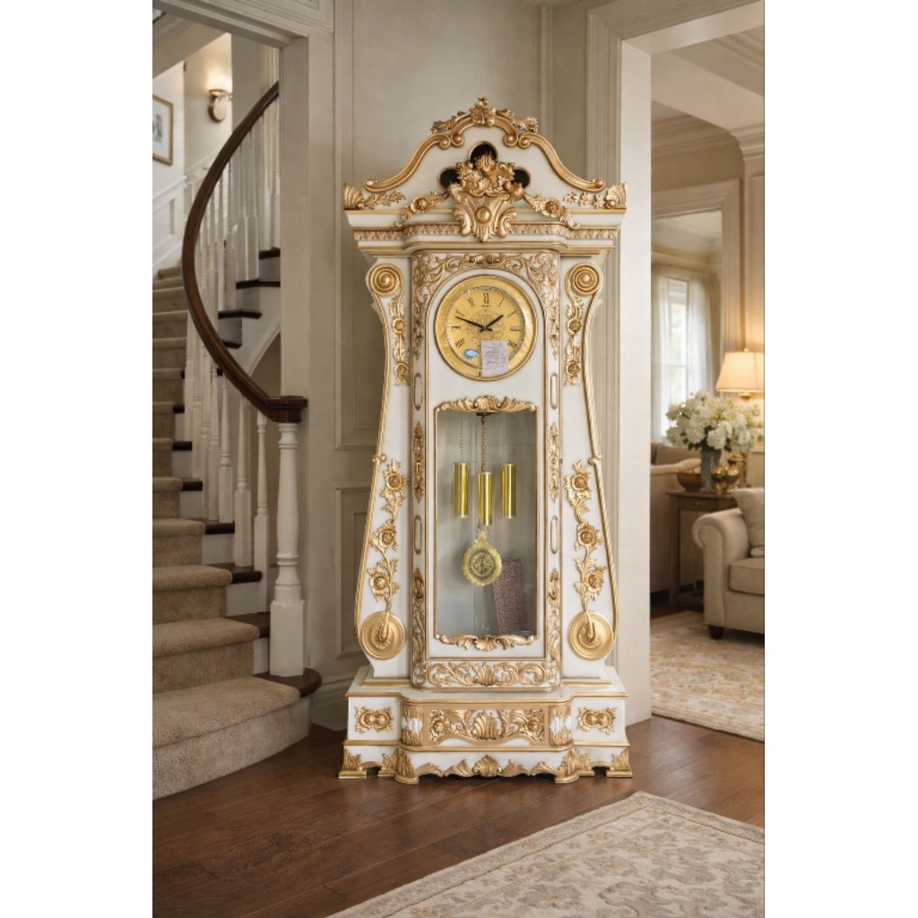 Lemari Jam Hias Klasik Mewah Ukir Gold – Grandfather Clock Luxury Eropa Elegan