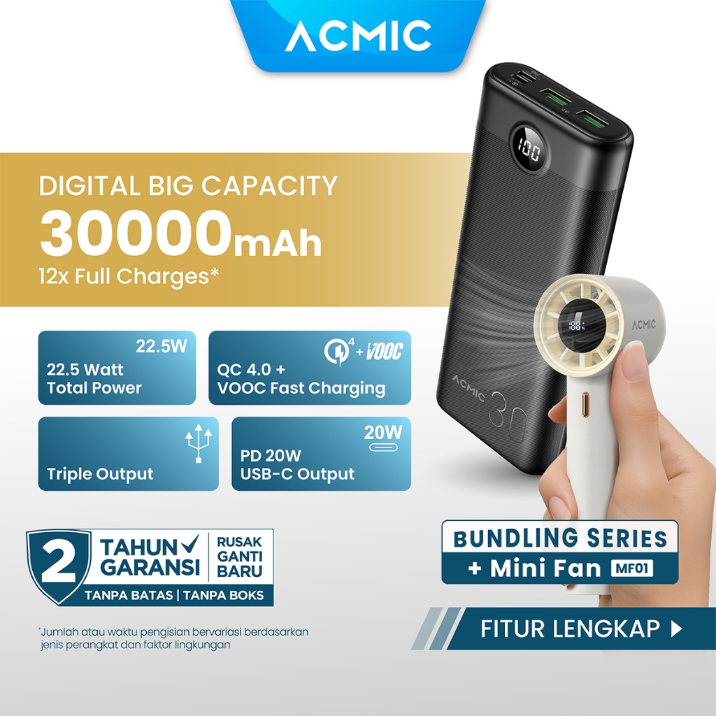 (Bundle Deal) ACMIC DIGIMAX 30000mAh Powerbank Mini 22.5W Fast Charging Type C + Mini Fan MF01 | Pak