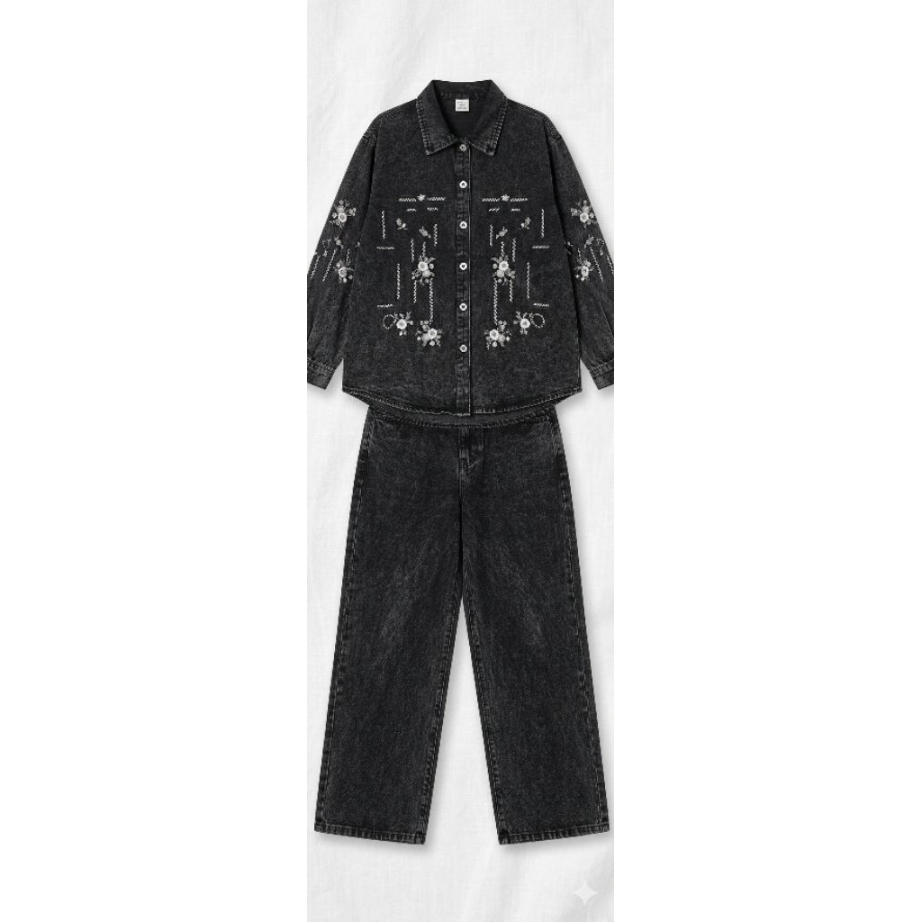 Arasy .Co - Khusus Daerah Batam One Set Jumbo Denim Motif Bunga | One Set Jumbo Kekinian By Bellacus