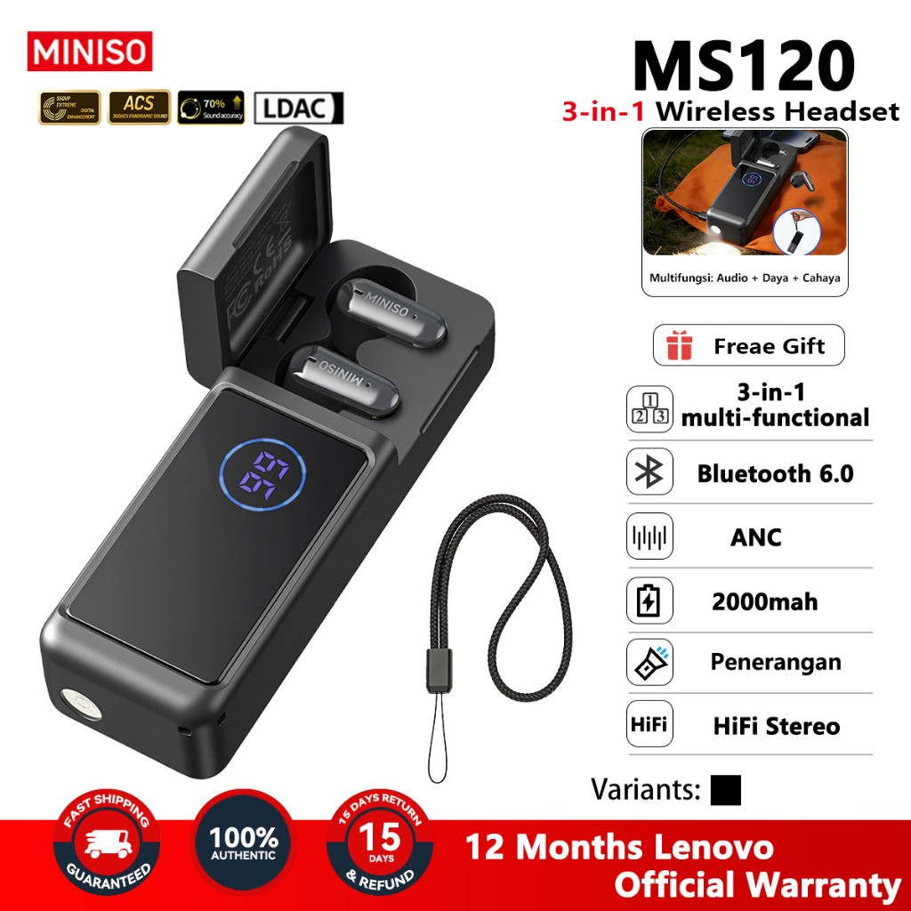 MINISO MS120 Bluetooth Earphone Headset TWS 3 in 1 Multifunction AI Translation Bluetooth 6.0 Power 