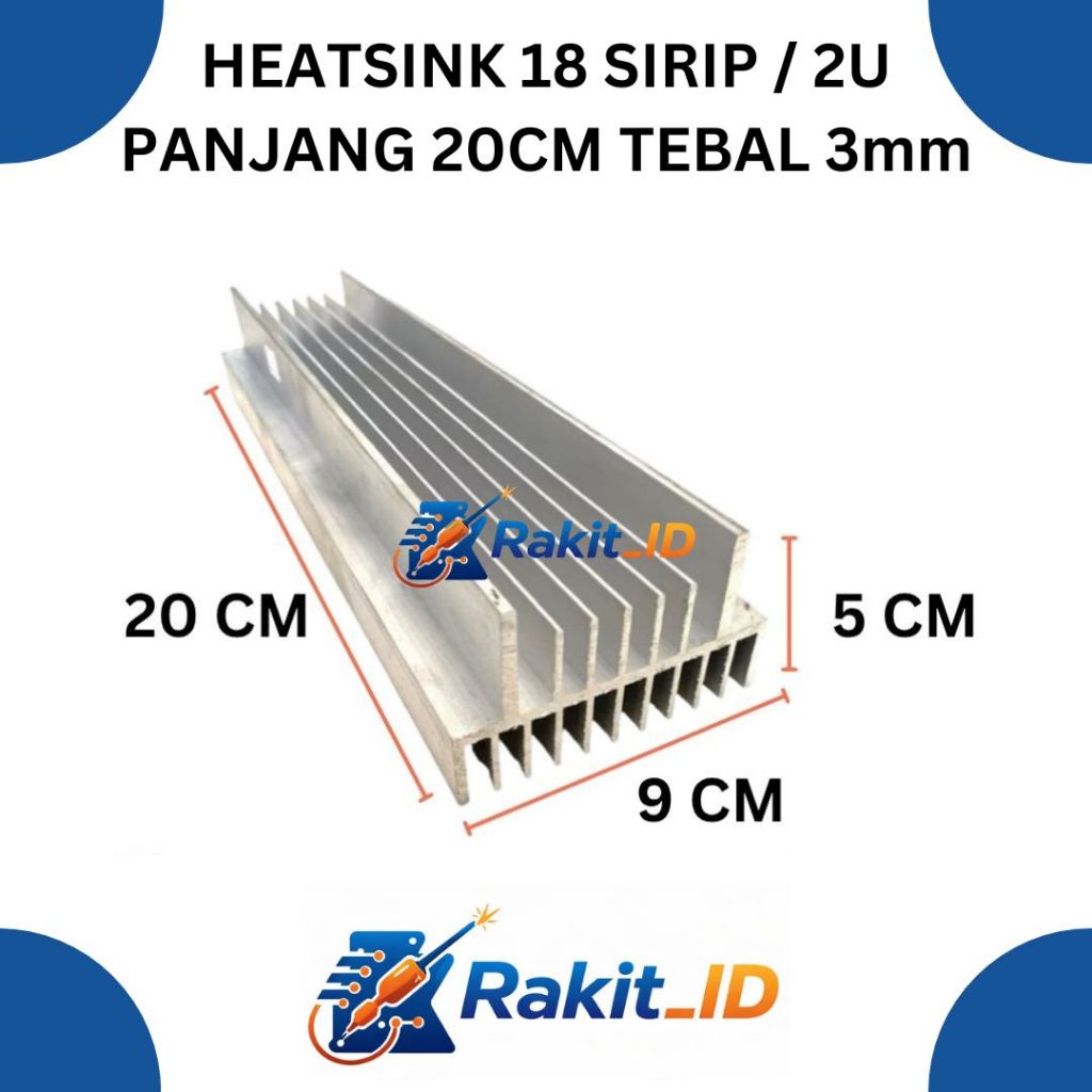 Heatsink Aluminium 2U 18 Sirip 20cm Tebal 3mm – Pendingin Power Amplifier TR Toshiba Sanken TIP MJL