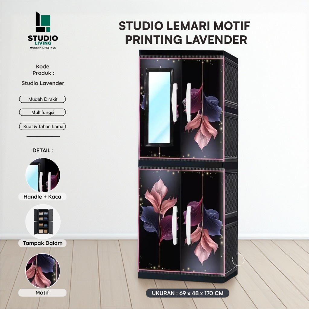 STUDIO - Lemari Pakaian Plastik 2 Pintu Jumbo Motif Bunga Printing VIP GANTUNG + KACA