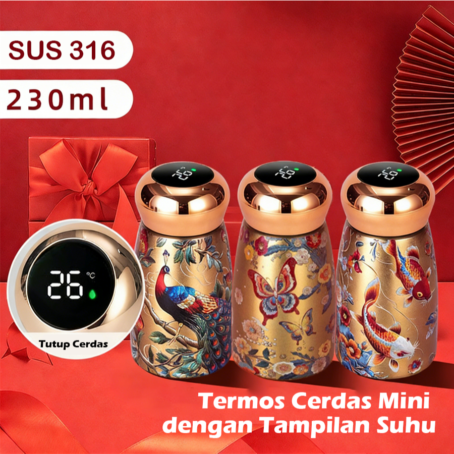 [Free stickers] SUS316 Termos Minim Smart Thermometer Cup dengan Fungsi Pemanas Stainless Gold 230ml