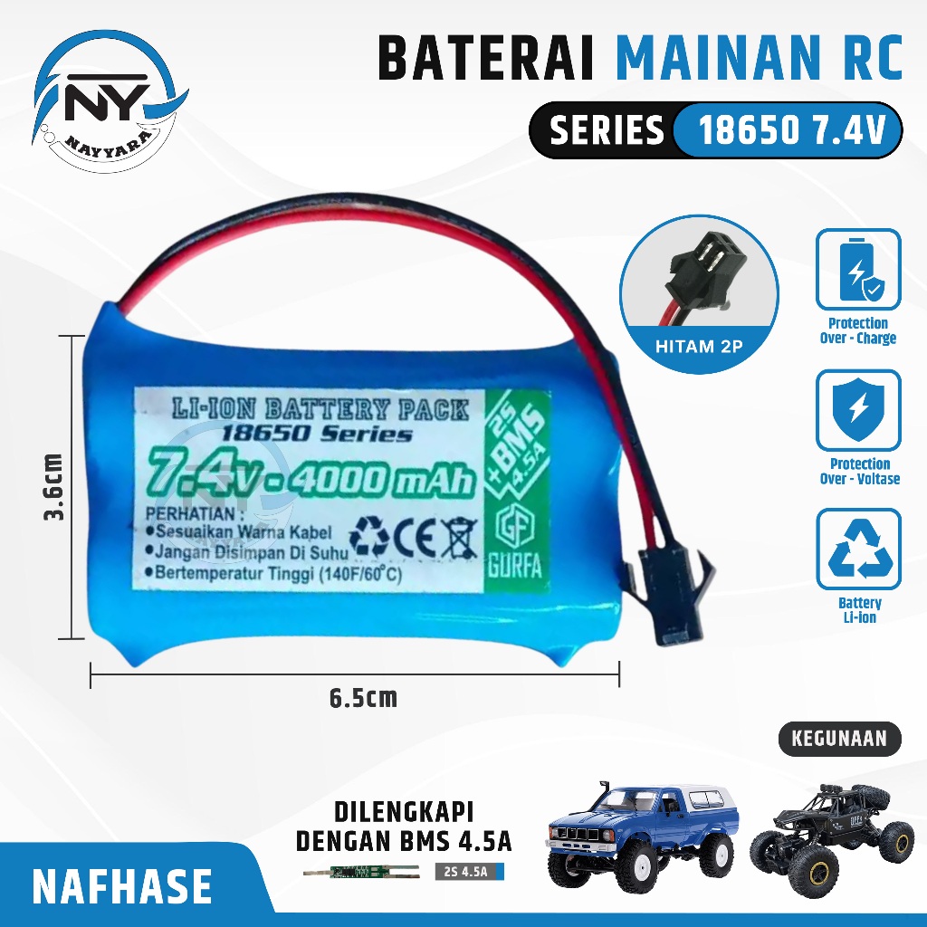 Baterai Mobil RC Dan Elektronik Lainnya 2X 18650 Li-ion 7,4Volt 4000mAh BMS 2S 4,5A SM 2 Pin