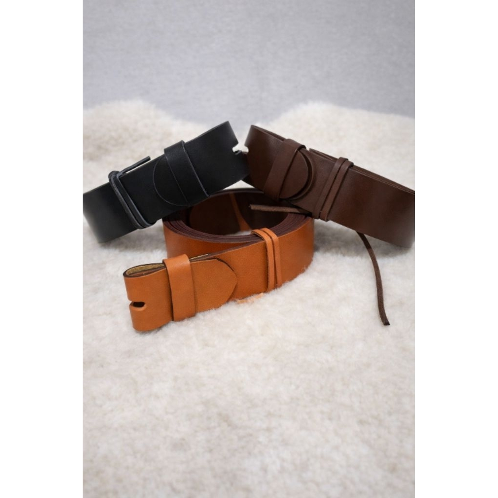 Tali Sabuk Kulit Sapi Asli Tebal 3,6-4mm | Ikat Pinggang Pria Premium Hitam Coklat Tan | Tanpa Kepal