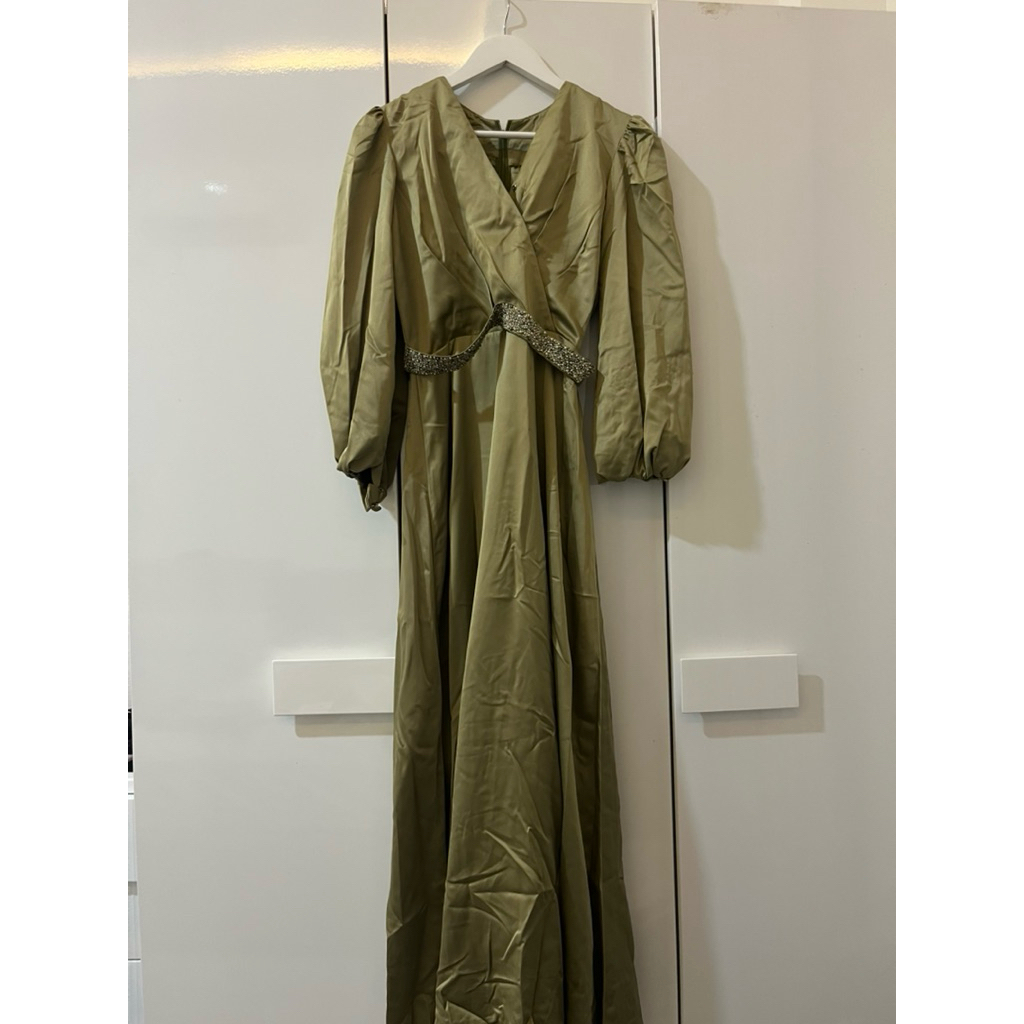 dress satin sage green lebaran