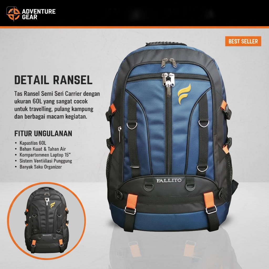 Tas Ranse Pria 60L |  mountain backpack | Polyester Nylon | Praktis Modern Hitam | Mudik & Camping