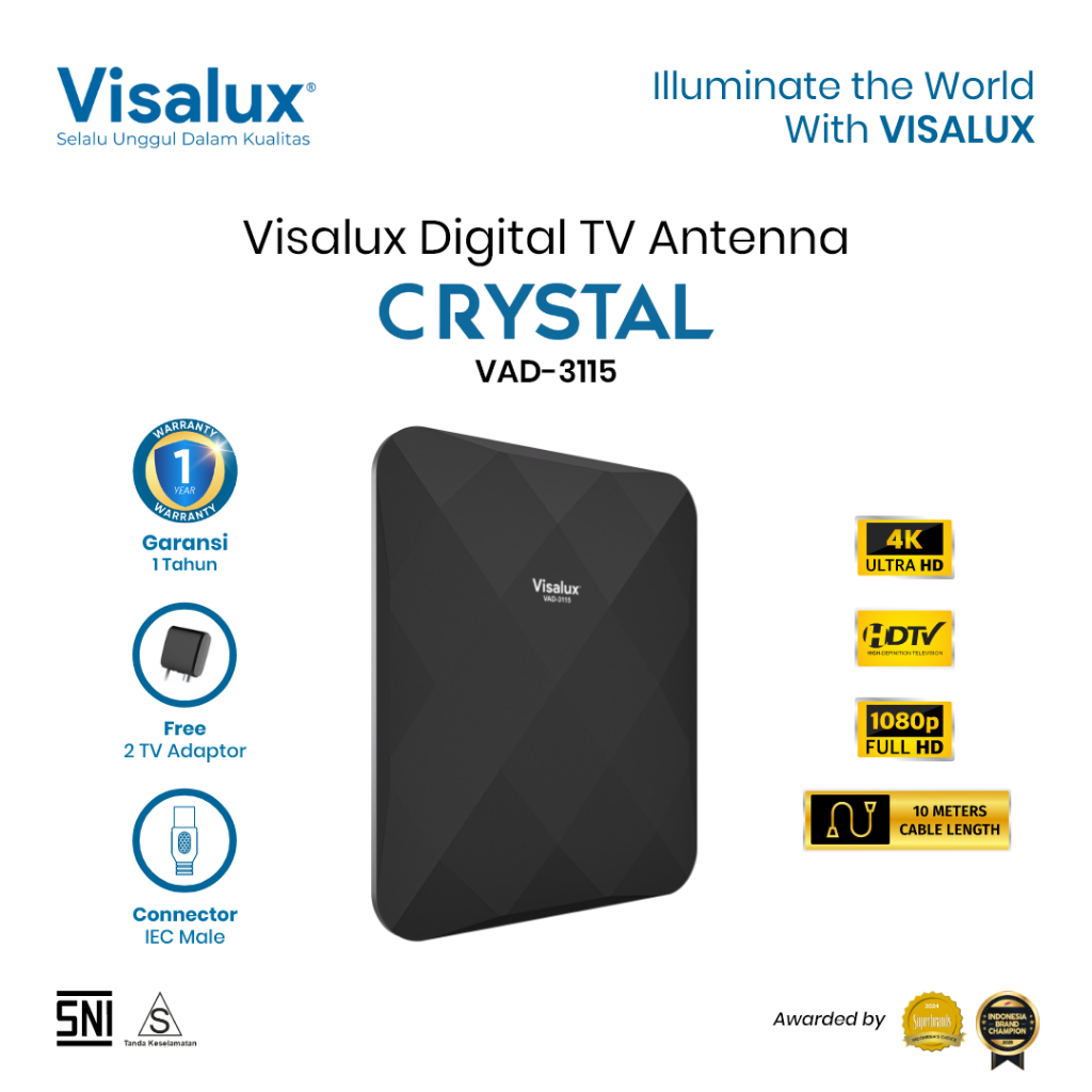 Visalux Crystal Digital TV Antenna Indoor Outdoor - Antena Digital Luar Dalam Ruangan dengan Kabel 1