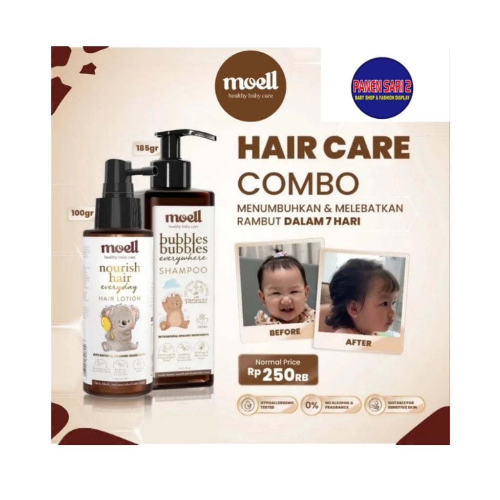 Moell Bundling Shampoo 185ml + Hair Lotion 100ml Free Sisir & Pouch - Set Perawatan Rambut Bayi
