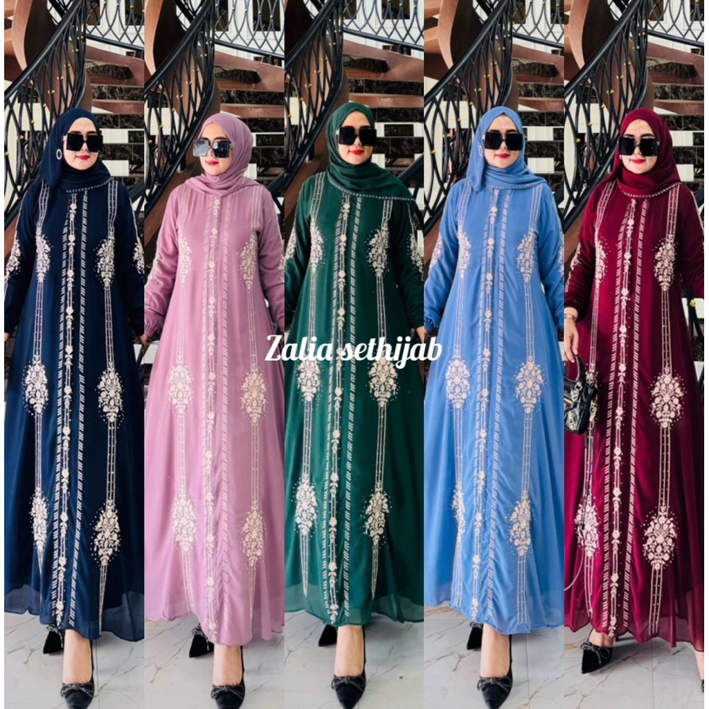 Zifa Fashion || Cod || Zalia Dress+Hijab Segi4 || Gamis Set Cruty Bordir Aksen Payet Tabur Mewah || 