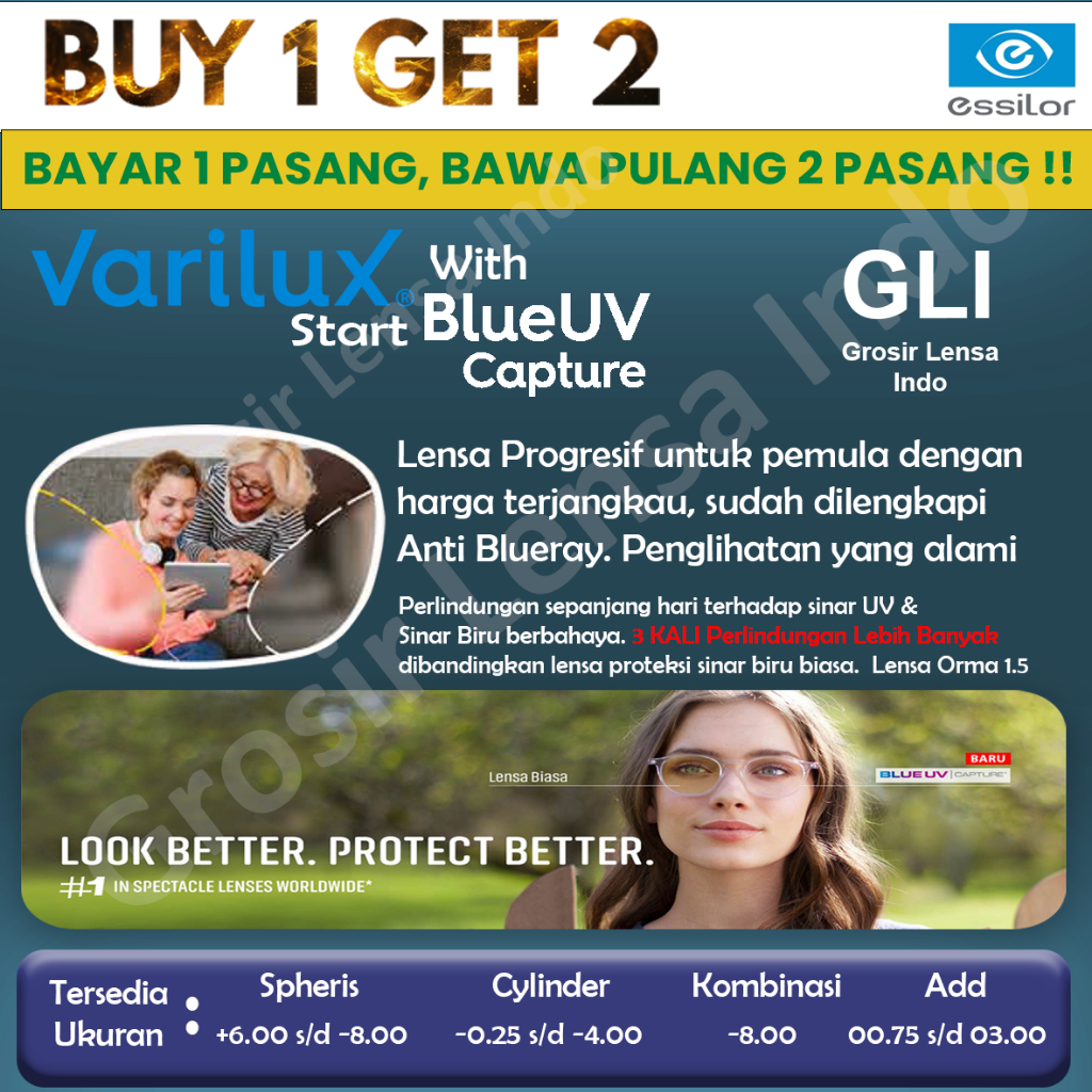 Lensa Kacamata Essilor Varilux Start Blue UV Capture 1.5 Orma Crizal Easy / Rock / Sapphire