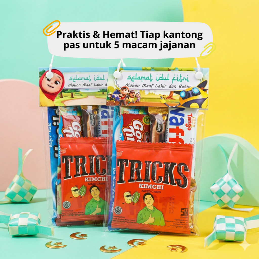 Paket 10pcs Label Plastik Lebaran 12x20 | Tas Bingkisan Jajanan Anak | Parcel Snack Idul Fitri Murah