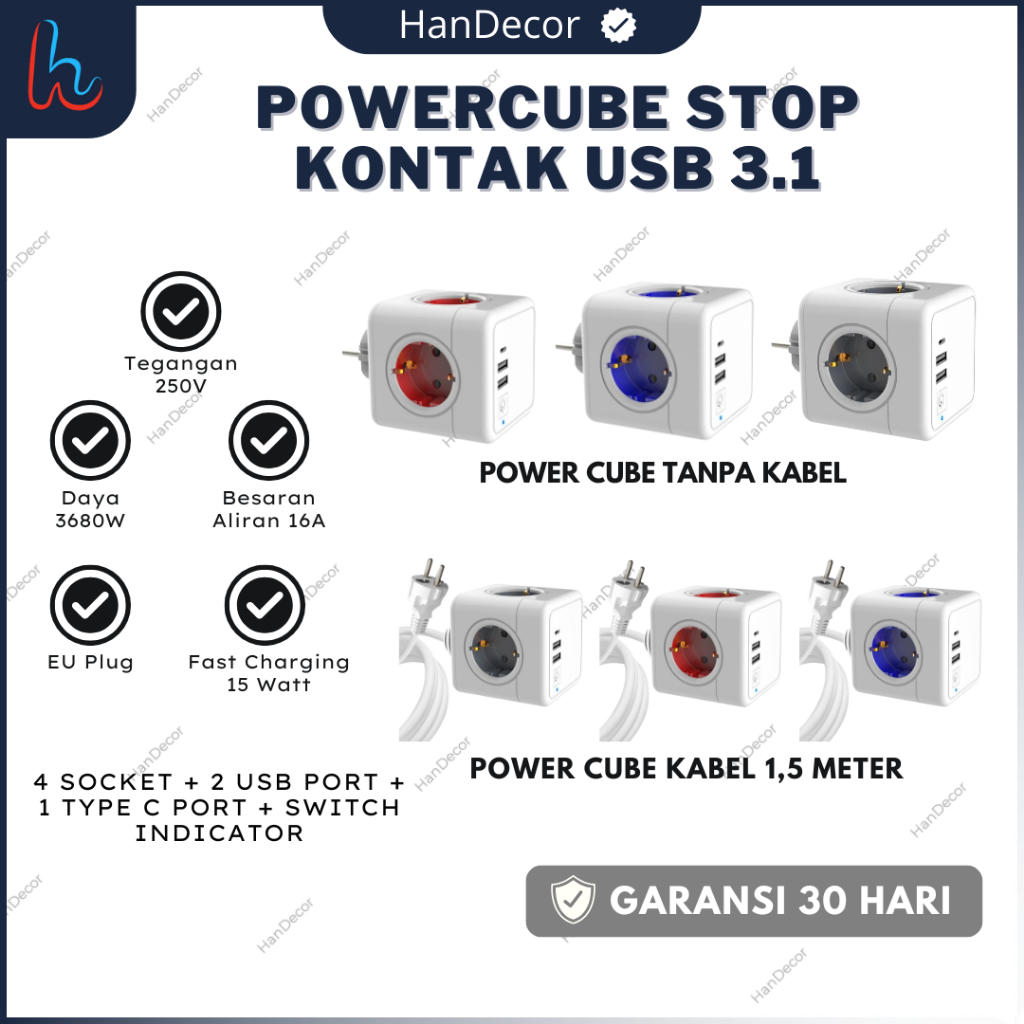 Powercube Stop Kontak Extended USB Fast Charging 4 Socket 3.1 | Stop kontak colokan listrik kubus Ty