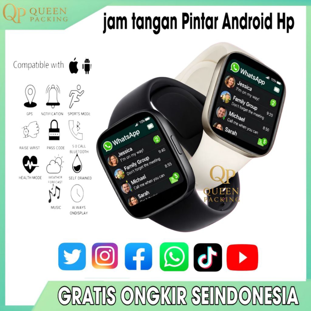 TERLARIS Smartwatch Jam Tangan Pintar Android HP Layar Sentuh Bisa Watshapp Telepon SMS Pria Wanita