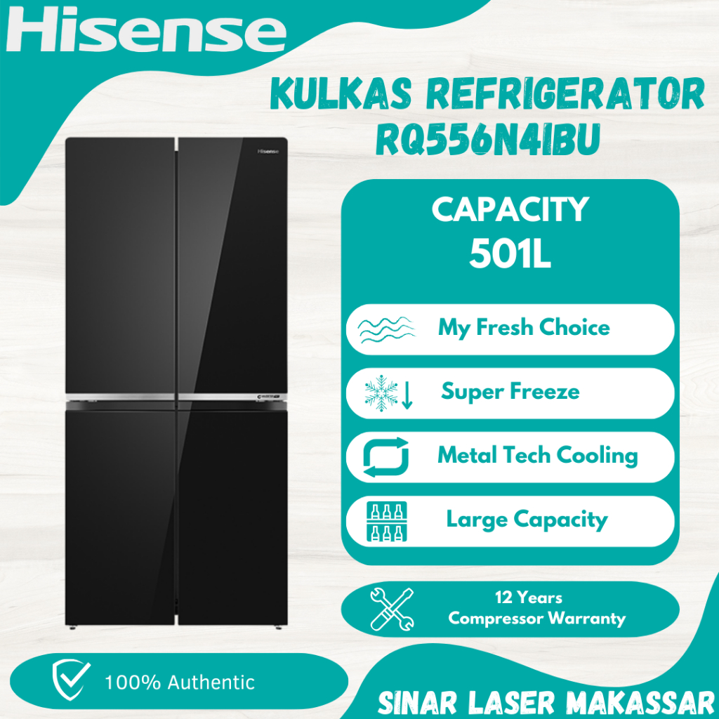 HISENSE KULKAS 4 PINTU GLASS DOOR RQ556N4IBU INVERTER GARANSI RESMI