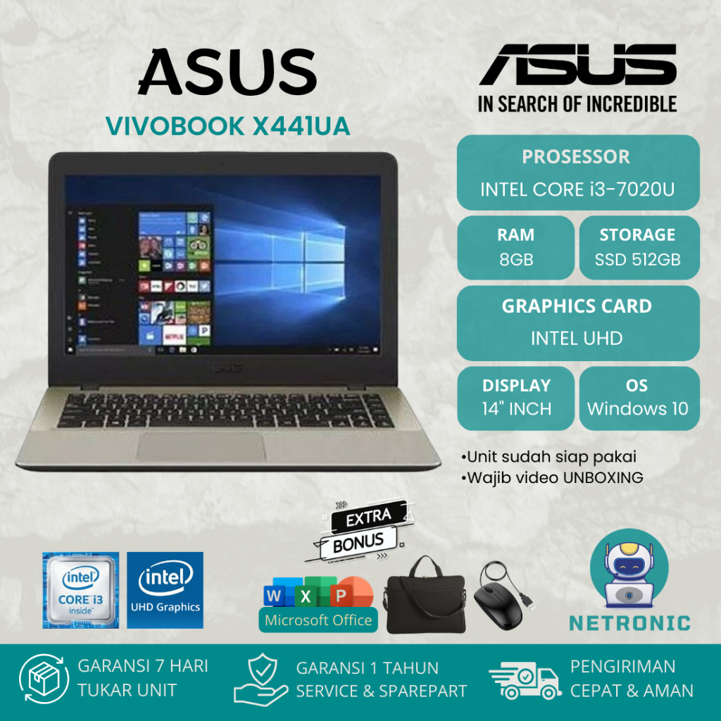 ASUS VIVOBOOK X441UA INTEL CORE i3-7020U RAM 8GB SSD 512GB 14" INCH WINDOWS 10 + OFFICE