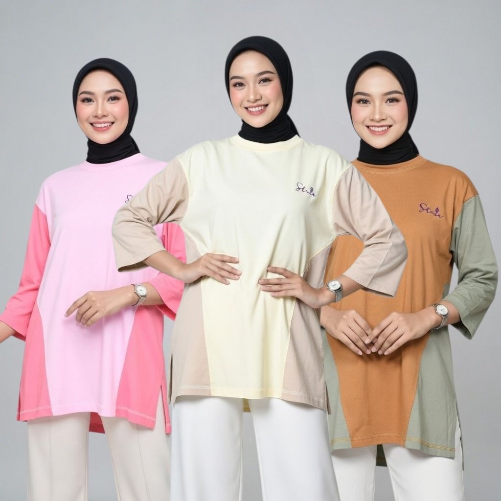 Kaos Oversize Wanita Lengan 7/8 Kombinasi 2 Warna combad 24s