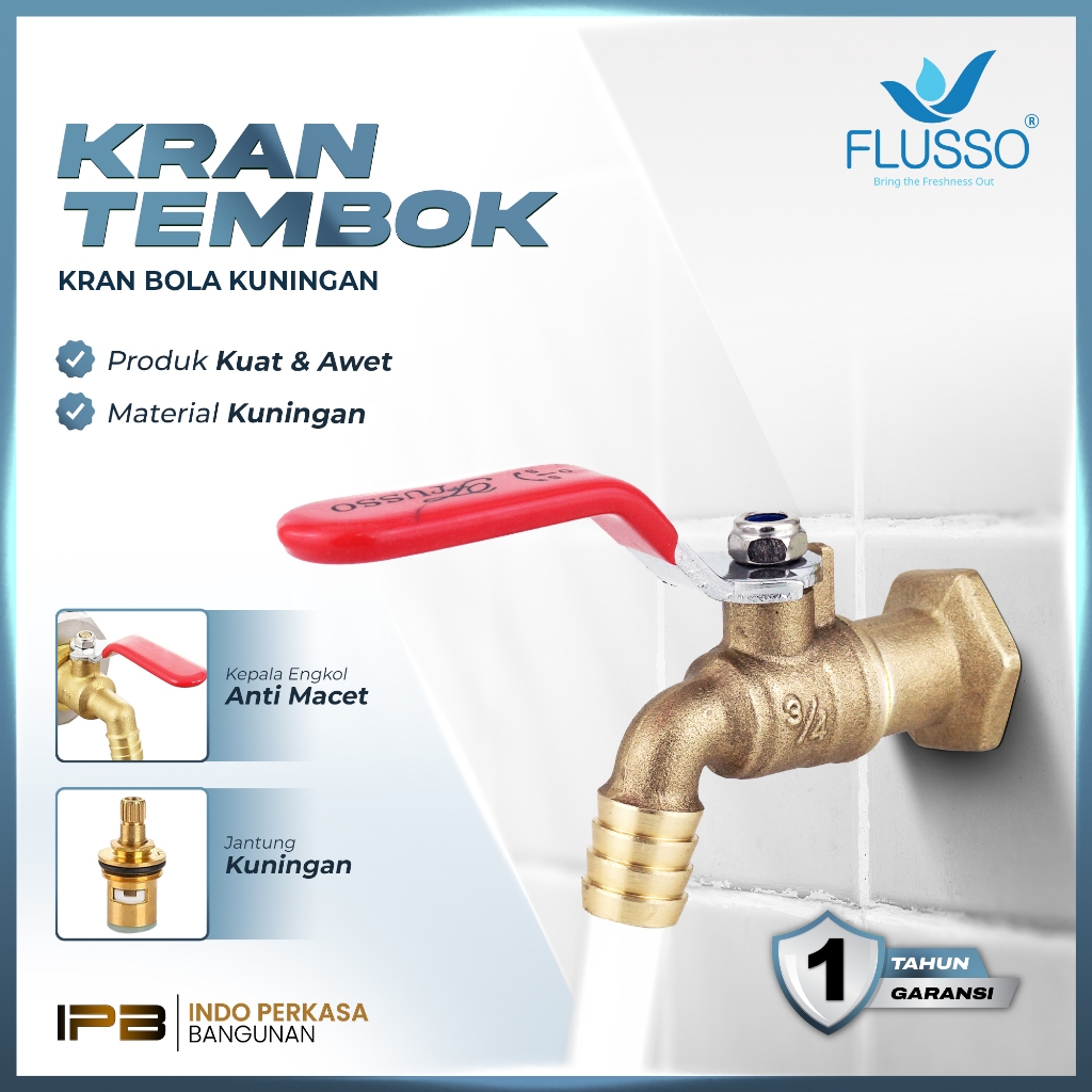 FLUSSO Kran Tembok Kuningan Asli | Kran Kamar Mandi | FLUSSO KRAN BOLA KUNINGAN 180  1/2 | 288