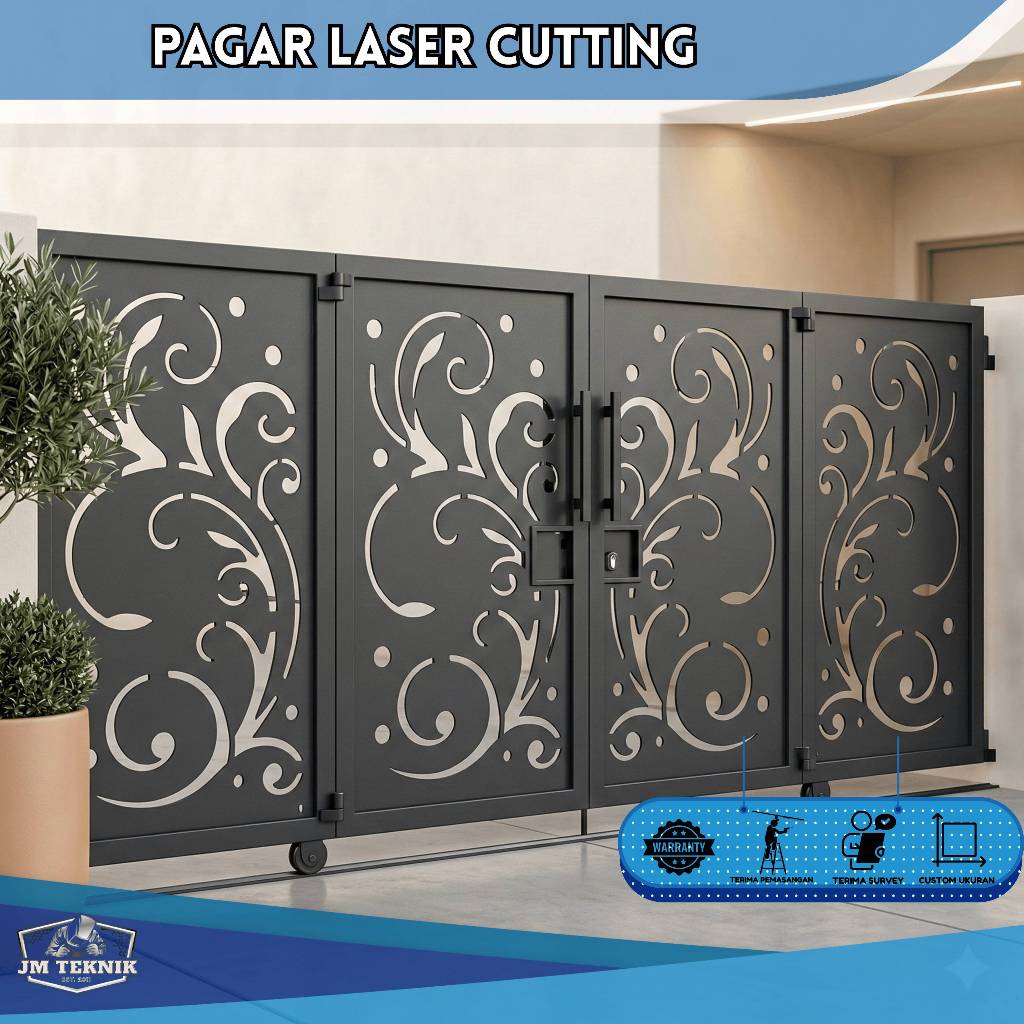 Pagar Rumah Besi Motif Laser Cutting Mewah Custom Plat 1,2mm Hollow 4x6 Gerbang Mewah Plat Laser