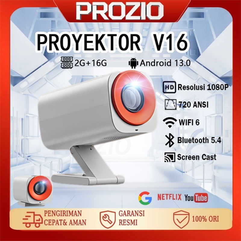 PROZIO Portable Android 13 WiFi Smart Proyektor Mini 4K 720 ANSI Lumens Bioskop Bluetooth proyektor 