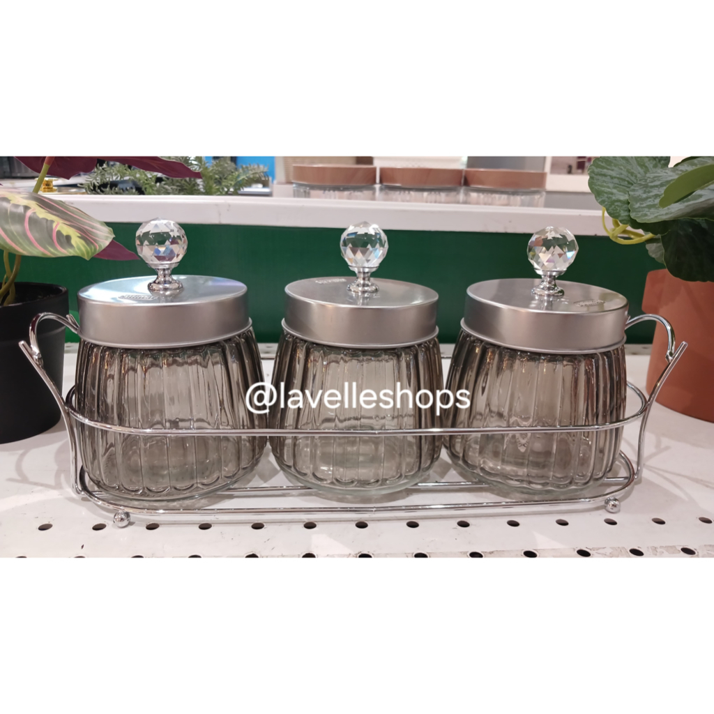AZKO Culinart Crystal Stoples Kaca 480 ml Dengan Rak Transparan - Silver Jar - Toples Lebaran Canist