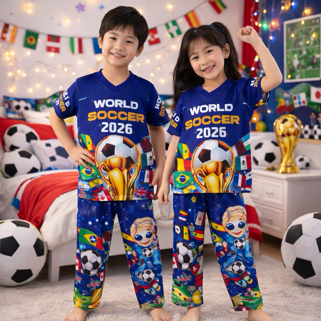 BAJU TIDUR ANAK PEREMPUAN DAN LAKI LAKI MOTIF BOLA UMUR 3-12 TAHUN