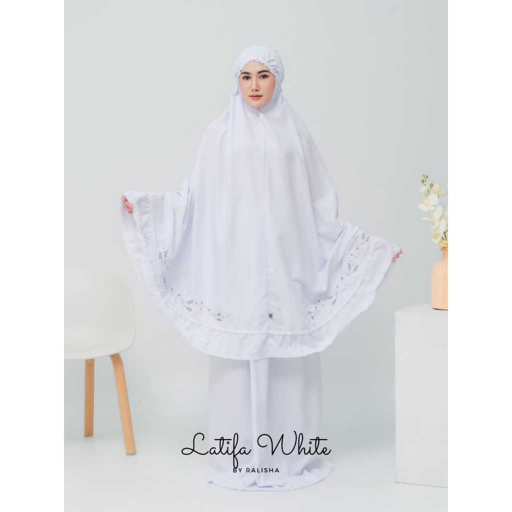 Mukena Premium Putih Bordir Manual Bunga Katun Latifa