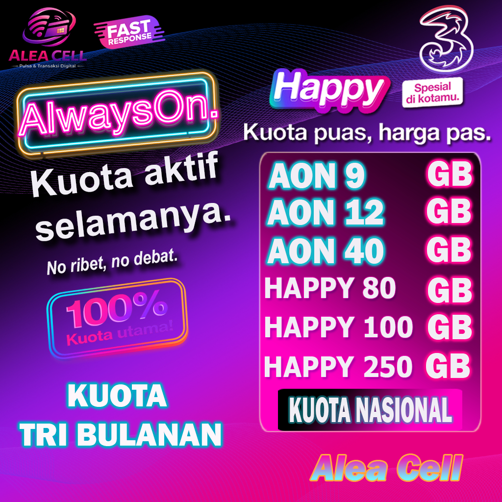 Isi Ulang Kuota Tri AON 40Gb Bonus lokal 12Gb, Kuota Besar Murah Full 24 Jam Nasional Proses Cepat