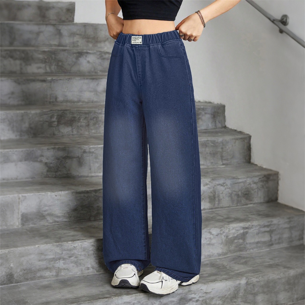 Jeans High Waist Outfit Versatile Simple Terbaru 2026 Wide Leg Celana Jeans Wanita