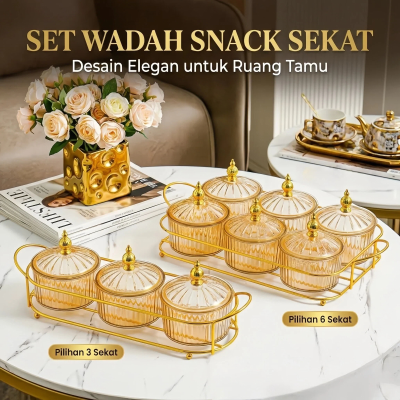 JUKTA [COD] Set Wadah Snack Sekat | Toples Permen Elegan | Tempat Kue Ruang Tamu | Rak Gold Mewah