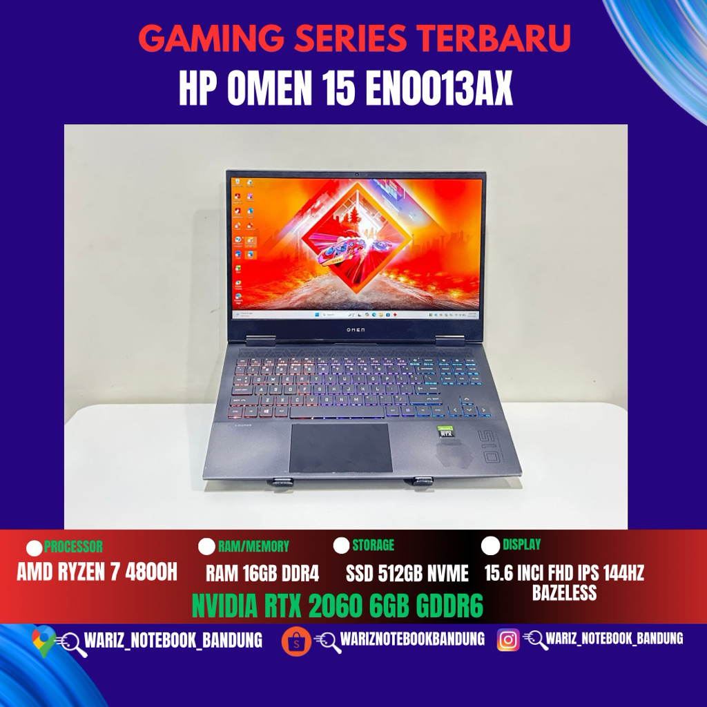 HP OMEN 15 EN0013AX AMD RYZEN 7 4800H NVIDIA RTX 2060 RAM 16GB SSD 512GB NVME 15inci 144zhz